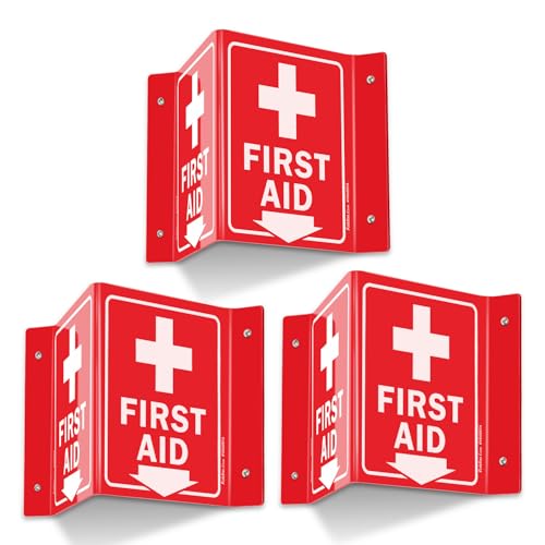 Faittoo First Aid Sign, 3 Pack First Aid with Cross Symbol - 6 x 8 Inches V-Shaped Acrylic Plastic, 4 Pre-Drilled Holes, Includes Matching Screws, Use for Home Office/Business - style: V-shaped 3 Pack