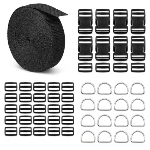 1.5 Inch Straps and Buckles Set, 12 Yards Nylon Webbing Strap, 12 Pack Release Buckles, 24 Tri-Glide Slide Clips, 12 Pack Metal D-Rings MaHeavy Duty Adjustable Quick Snap Fasteners, No Sewing Required - size: 1 1/2" 12 Pcs Buckle Set