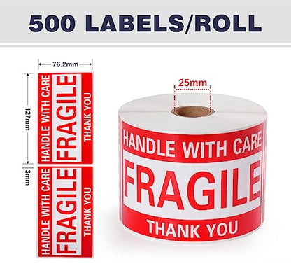 3 x 5 Inch Fragile Stickers Handle with Care 500 Permanent Adhesive Fragile Stickers for Shipping Moving Glass Commercial Grade Fragile Labels (1 Roll, 500 Labels) - size: 3" x 5", style: 1 Roll - 500 PCS