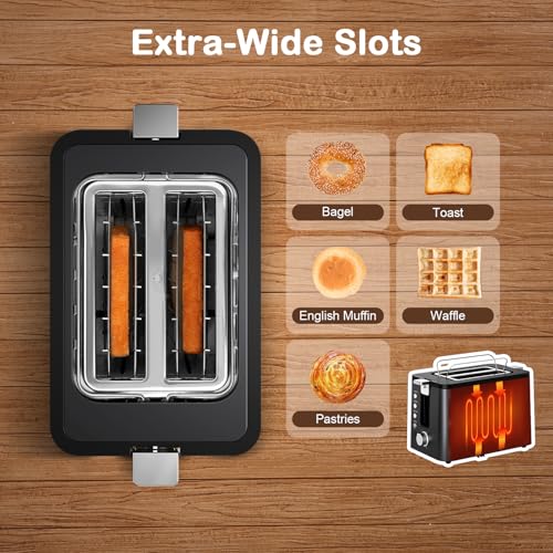 Mecity Toaster 2 Slice Stainless Steel Body, Timer, Bagel, Defrost, Reheat, Cancel Functions, Warming Rack, Removable Tray, 6 Browning Settings, Extra Wide Slots, Bread Toaster, 120V 800W Black - size: 2 Slots