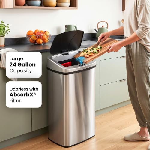 iTouchless Patented 24 Gallon Large Motion Sensor Trash Can | Odor Filter - color: Soft Silver, Black 24 Gal Sensor