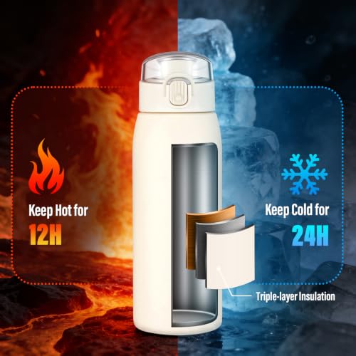 Insulated Water Bottle 18 oz with Dustproof Lid, Carry Handle & Tea Infuser, BPA-Free & Leakproof, Stainless Steel Water Bottles Ideal for Fitness, Hiking, Office & Outdoor Use （Beige ） - color: Beige, size: 18 Ounces