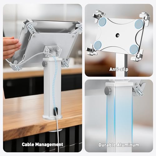 AboveTEK iPad Desk Grommet Mount, Adjustable Tablet Desk Mount with 360° Rotation & 180° Tilt, Fits 9.7"-13" Tablets, Anti-Theft iPad Stand, Heavy-Duty Aluminum Tablet Stand, Perfect for Work - color: Sliver