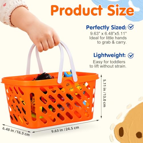NUOBESTY Pretend Play Toy Shopping Basket 2 Pack - Orange Plastic Grocery Baskets with Handles for Toddlers, Mini Market Kitchen Accessories & Play Food Storage
