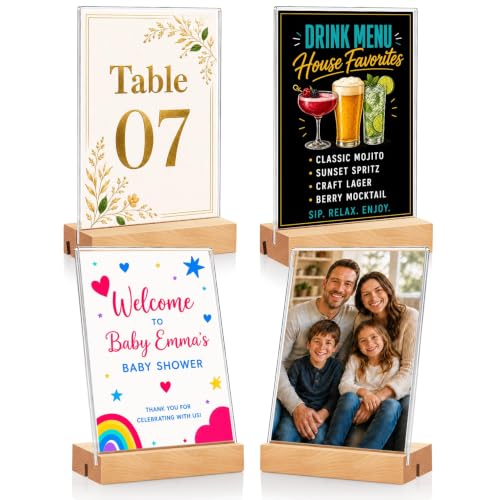 Acrylic Sign Holder with Wood Base, 4 Pack Vertical/Slant Acrylic Display - color: Natural, size: 4"x6"