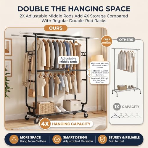 Heavy Duty Clothes Rack with Wheels, Garment Rack Load 660 LBS, Rolling Clothes Rack for Hanging Clothes, Height Adjustable& Scalable& Foldable, for home or commercial, 75"x 22"x 73", Black - color: 4 Rods& Black