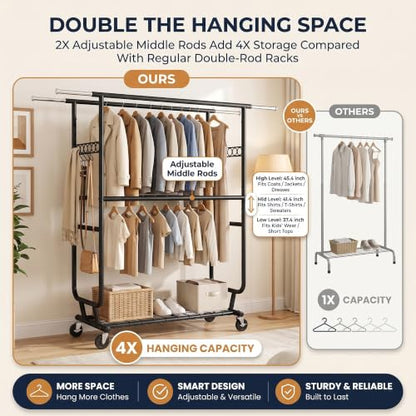 Heavy Duty Clothes Rack with Wheels, Garment Rack Load 660 LBS, Rolling Clothes Rack for Hanging Clothes, Height Adjustable& Scalable& Foldable, for home or commercial, 75"x 22"x 73", Black - color: 4 Rods& Black