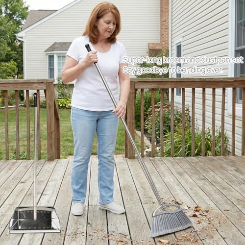 Outdoor Broom and Dustpan Comb Set,Heavy Duty Stainless Steel Metal Dust Pan with Long Handle Commercial Stiff Bristles Broom for Home Garage Garden Patio - style: Outdoor Broom and Dustpan