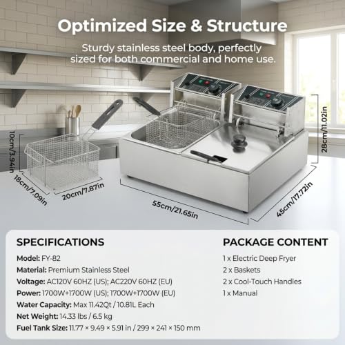 Commercial Deep Fryer, 3400W Electric Countertop Fryer with 2 Baskets & Lids, 22.8QT Dual Tank Stainless Steel Deep Fryer for Restaurant, Food Truck, Party