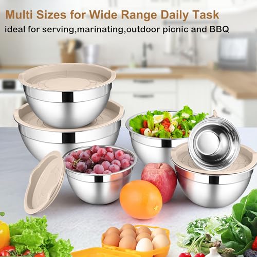 LIANYU 6 PCS Mixing Bowls with Lid Set, Size 7 & 3.5 & 2.5 & 2 & 1.5 & 1QT - color: Khaki, style: Atlas Base with Airtight Lids