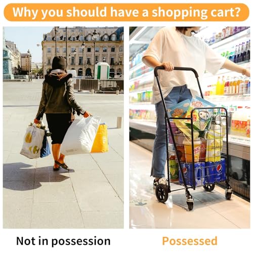 Siffler Grocery Shopping Cart with 360° Swivel Wheels Folding Utility Cart with Easily Collapsible Cart with Extended Foam Cover, Trolley for Laundry, Groceries, Travel (Black, Small) - size: Standard Small+No Bag
