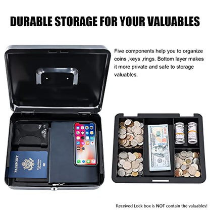 KYODOLED Metal Cash Box with Money Tray and Lock,Money Box with Cash Tray,Cash Drawer,11.81"x 9.45"x 3.54" Black X Large - color: Black, size: X Large