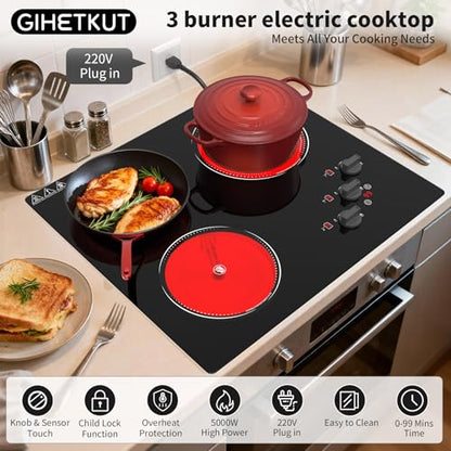 GIHETKUT Electric Cooktop, 220V 5000W Stove Top, 9 Power Levels, Kids Lock & Timer, Hot Surface Indicator, Overheat Protection,knob and touch control 3 Burner Electric cooktop - size: 3 Burner Electric cooktop