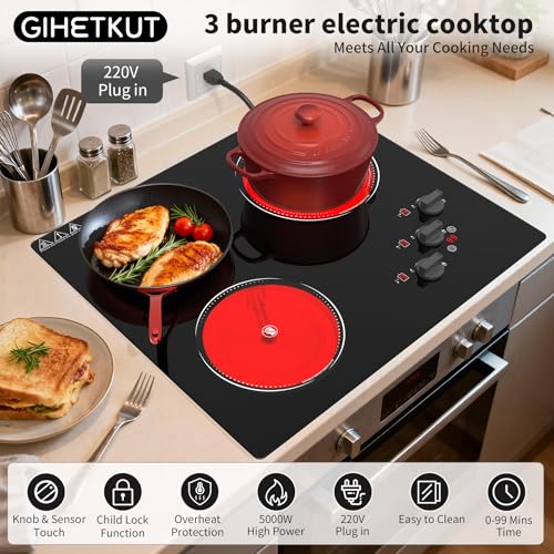 GIHETKUT Electric Cooktop, 220V 5000W Stove Top, 9 Power Levels, Kids Lock & Timer, Hot Surface Indicator, Overheat Protection,knob and touch control 3 Burner Electric cooktop - size: 3 Burner Electric cooktop