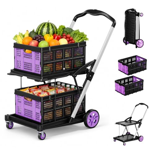 200LBS Collapsible Shopping Cart with 2 Storage Crates, 8-in-1 Portable Foldable Utility Cart with Foot Brake for Picnic, Supermarket, Grocery, Office, Outdoor, Purple - color: Light Pink