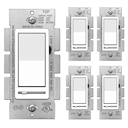 BESTTEN 5PK Dimmer Switch, Single Pole or 3-Way, Neutral Wire Not Required - color: White