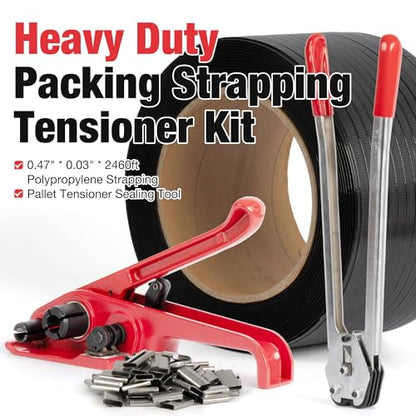 U.S. Solid Heavy Duty Packing Strapping Tensioner Kit 150 Metal Seals, 0.47" x 0.03" x 2460ft Polypropylene Strapping, Pallet Tensioner Sealing Tool - color: black