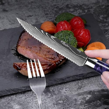 SENKEN Professional 6-Piece Steak Knife Set with Engraved Damascus Pattern, Razor Sharp Blade, High Carbon Steel with Gift Box (Purple) - color: Amethyst Purple