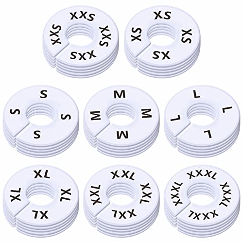 40 Pack Round White Plastic Clothing Size Closet Rack Dividers Hangers, Preprinted in 8 Sizes XXS, XS, S, M, L, XL, XXL, XXXL (Outer 3.5”, Inner Diameter 1.38”) - color: 40 Pack/White-printed