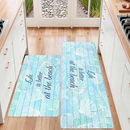 Beach Kitchen Mats for Floor Coastal Kitchen Rugs Cushioned Anti Fatigue Mats for Sink, Stove, Desk, Laundry,17"x30"+17"x47", Blue - color: Blue, size: 17"x30"+17"x47"