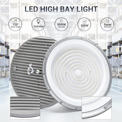 XYCN 10 Pack 300W UFO Led High Bay Light,120VAC,5500K Daylight Commercial Bay Lighting,IP66 Waterproof,45050LM,1300W MH/HPS with Plug Area Light for Warehouse/Shop/Workshop/Barn/Gym/Factory - size: 300W 10pack UFO high bay light