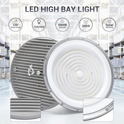 XYCN 10 Pack 300W UFO Led High Bay Light,120VAC,5500K Daylight Commercial Bay Lighting,IP66 Waterproof,45050LM,1300W MH/HPS with Plug Area Light for Warehouse/Shop/Workshop/Barn/Gym/Factory - size: 300W 10pack UFO high bay light