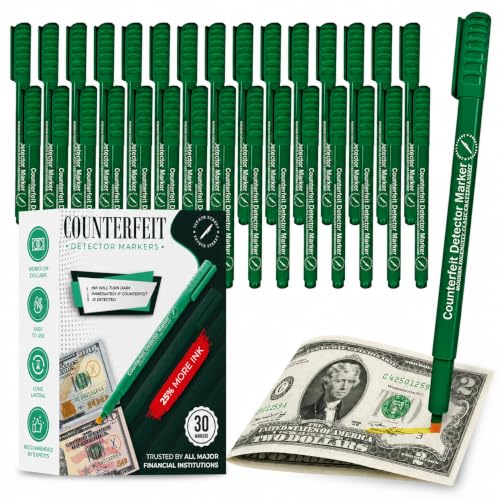 Counterfeit Money Detector Pen- 30 Pack Counterfeit Pen, 25% More Ink,Green - color: Green Counterfeit Markers