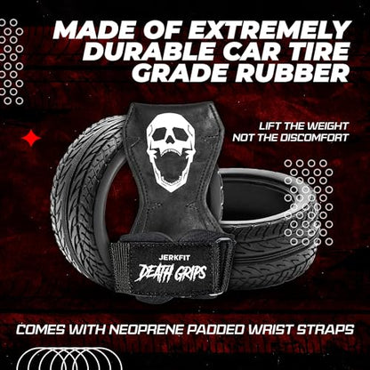 JerkFit Death Grips Premium Lifting Straps - Car Tire Grade Rubber PVC Wrist Straps for Shrugs, Pull Ups & Deadlifts with Neoprene Padded Support - size: Medium