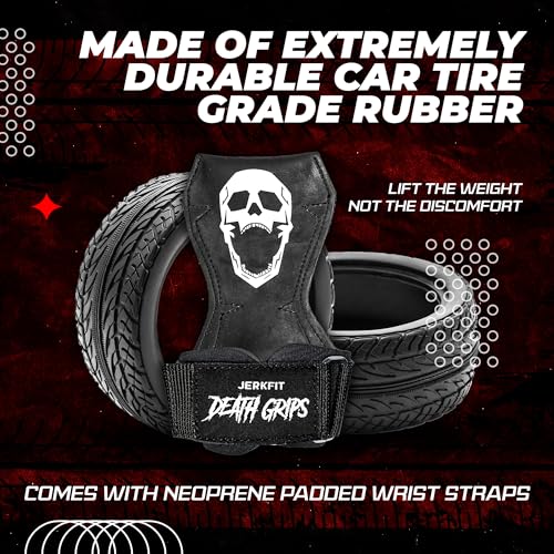 JerkFit Death Grips Premium Lifting Straps - Car Tire Grade Rubber PVC Wrist Straps for Shrugs, Pull Ups & Deadlifts with Neoprene Padded Support - size: Small