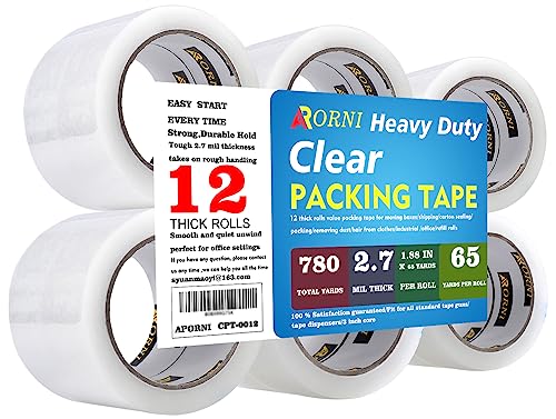 Clear Packing Tape Heavy Duty Refill Rolls Sealing Great for Packing Box Shipping and Moving Supplies Packaging 12 Rolls 1.88" x 65 Yards 3" Core 2.7 Mil Thick Adhesive - size: 12 Rolls/65 Yards 2.7 Mil