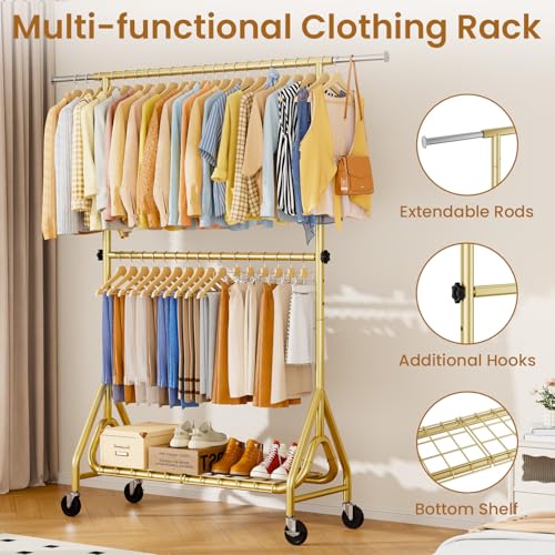 Heavy Duty Clothes Rack for Hanging Clothes, Double Rods Clothing Rack with Lockable Wheels, Rolling Garment Racks with Shelf, Easy to Assemble, Gold - color: Gold, size: Doule Rods