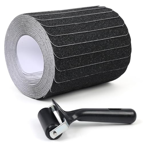 Outdoor Non Slip Tape Black 8'' x 32'' (12-Pack) with Free Roller High Traction Adhesive Treads - Heavy Duty 80 grit Black Non Slip Tape -Anti Skid Strips - Grip Tape for Steps - color: Black, size: 8 IN X 32 IN