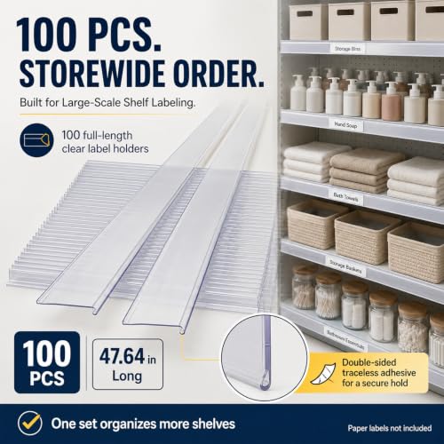 100 Pcs Shelf Label Strips, 48" x 1.25" Self Adhesive Label Holder