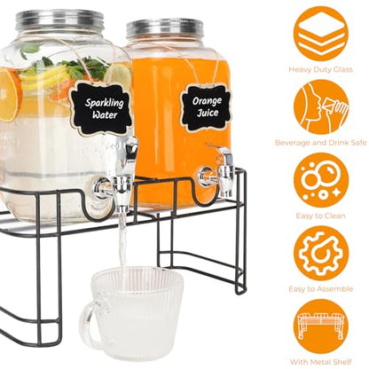2 Pack 1 Gallon Glass Drink Dispensers with Stand, Ice Core, Spigot - size: 2 Pack 1 Gallon with Aluminum lid