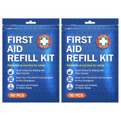 SuccorWare 90 Pieces First Aid Refill Kit - Wound Care Kit Includes Bandages for Home, Travel, Hiking - Portable Replacement Kit for First Aid Medical Supplies（2 Set）