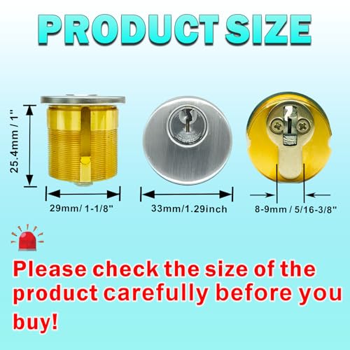 2Pcs Brass Mortise Door Cylinder Locks Keyed Alike with 4 SC Keyway Keys - size: 1 Inch