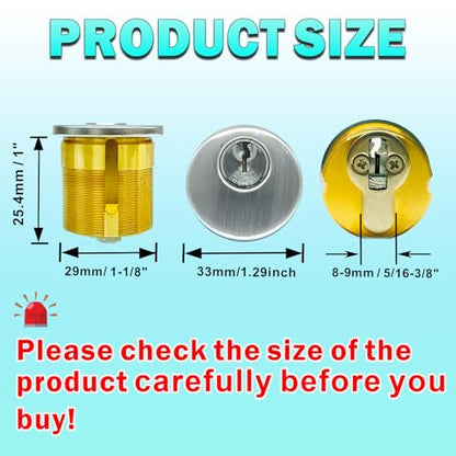 2Pcs Brass Mortise Door Cylinder Locks Keyed Alike with 4 SC Keyway Keys - size: 1 Inch