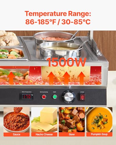 VEVOR Electric Soup Warmer, Two 6.34QT Pots & Four 1/2 Pans, Stainless Steel Commercial Food Warmer with 86~185°F Adjustable Temp, 1500W Bain Marie with Cover, Soup Station for Restaurant, Buffet - size: 2×6L Pots and 4×1/2 Pans