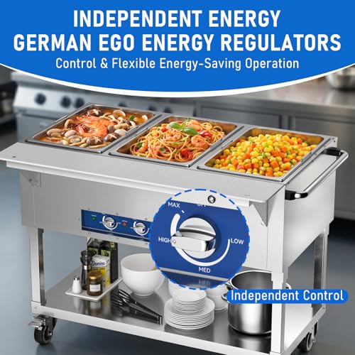 TOPKITCH Commercial Electric Food Warmer Soup Station - 3 Independent 19.5L Pans with German EGO Thermostat, Rolling Stand with Adjustable Shelves for Restaurant, Catering, Party - size: TC-3P