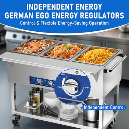 TOPKITCH Commercial Electric Food Warmer Soup Station - 3 Independent 19.5L Pans with German EGO Thermostat, Rolling Stand with Adjustable Shelves for Restaurant, Catering, Party - size: TC-3P