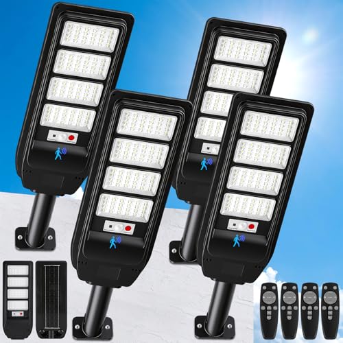 Solar Street Lights Outdoor Waterproof, 4-Pack LED Flood Lights with Motion Sensor, 6500K 18000LM Dusk to Dawn Solar Light Outside, Solar-Powered Commercial Area Security Lighting for Parking Lot Yard - size: 4-Pack