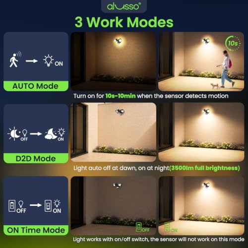 ALUSSO Motion Sensor Outdoor Lights , 30W 3500LM Flood Lights Outdoor 120V - color: Black 3 Modes 30W with Night Light