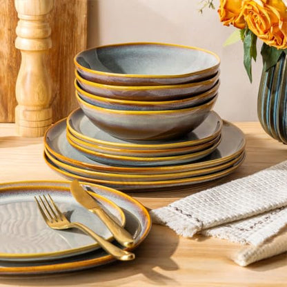 TheTerra Ceramic Dinnerware Set for 4, 12-Piece Plates and Bowls Set - color: Dusk Blue