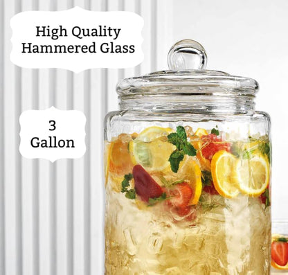 3 Gallon Glass Drink Dispenser with Metal Stand & Lid – Hammered Beverage Dispenser with Leakproof Spigot, Wide Mouth for Easy Fill – Ideal for Parties, Lemonade, Iced Tea, Sangria & More - color: Clear - 3 Gallon