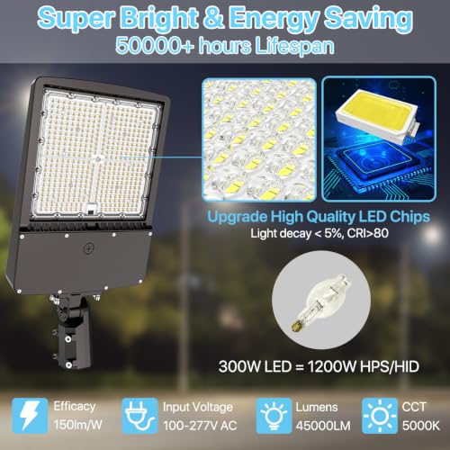 HYPERLITE LED Parking Lot Light - 300W 45,000lm UL Listed Led Parking Lot Lights Outdoor with Photocell - 5000K Slip Fitter Mount LED Pole Light for Street Barn Yard Driveway Stadium Roadway, 100-277V
