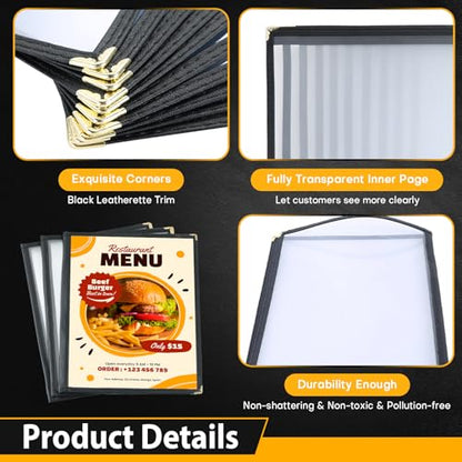 3 Pack Menu Covers 8.5" x 11" Menu Holder, Double Stitched Menu Covers, Restaurant Menu Cover, Single Page Menu Cover Two Clear Viewing Surfaces (Book Style)