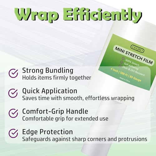 Clear Stretch Wrap Film,4" x 2000Ft Pallet Wrap Roll with Handle for Moving Supplies,80 Gauge Industrial Strength Durable Self-Adhering Packing, Moving, Heavy Duty Stretch Film, 500Ft x 4 Pack