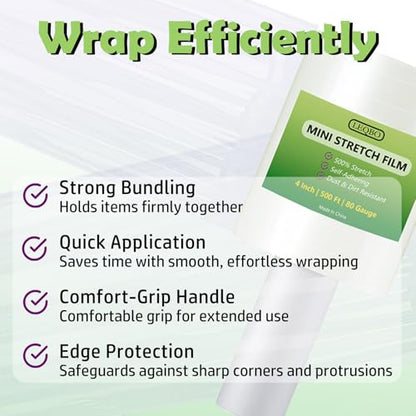 Clear Stretch Wrap Film,4" x 2000Ft Pallet Wrap Roll with Handle for Moving Supplies,80 Gauge Industrial Strength Durable Self-Adhering Packing, Moving, Heavy Duty Stretch Film, 500Ft x 4 Pack