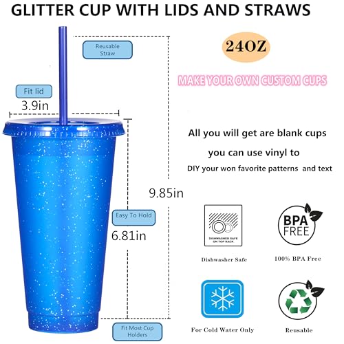 Suertestarry Tumbler with Straw and Lid,Water Bottle Iced Coffee Travel Mug Cup,Reusable Plastic Cups,Perfect for Parties,Birthdays,24oz-5 Pack (Sparkling Glitter, 5pack) - color: Sparkling Glitter, size: 5pack