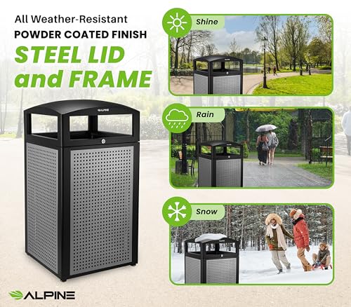Alpine 40-Gallon Outdoor Commercial Trash Can with Locking Lid – Heavy-Duty Weather-Resistant Metal Garbage Bin with Removable Liner for Parks, Restaurants & Public Spaces